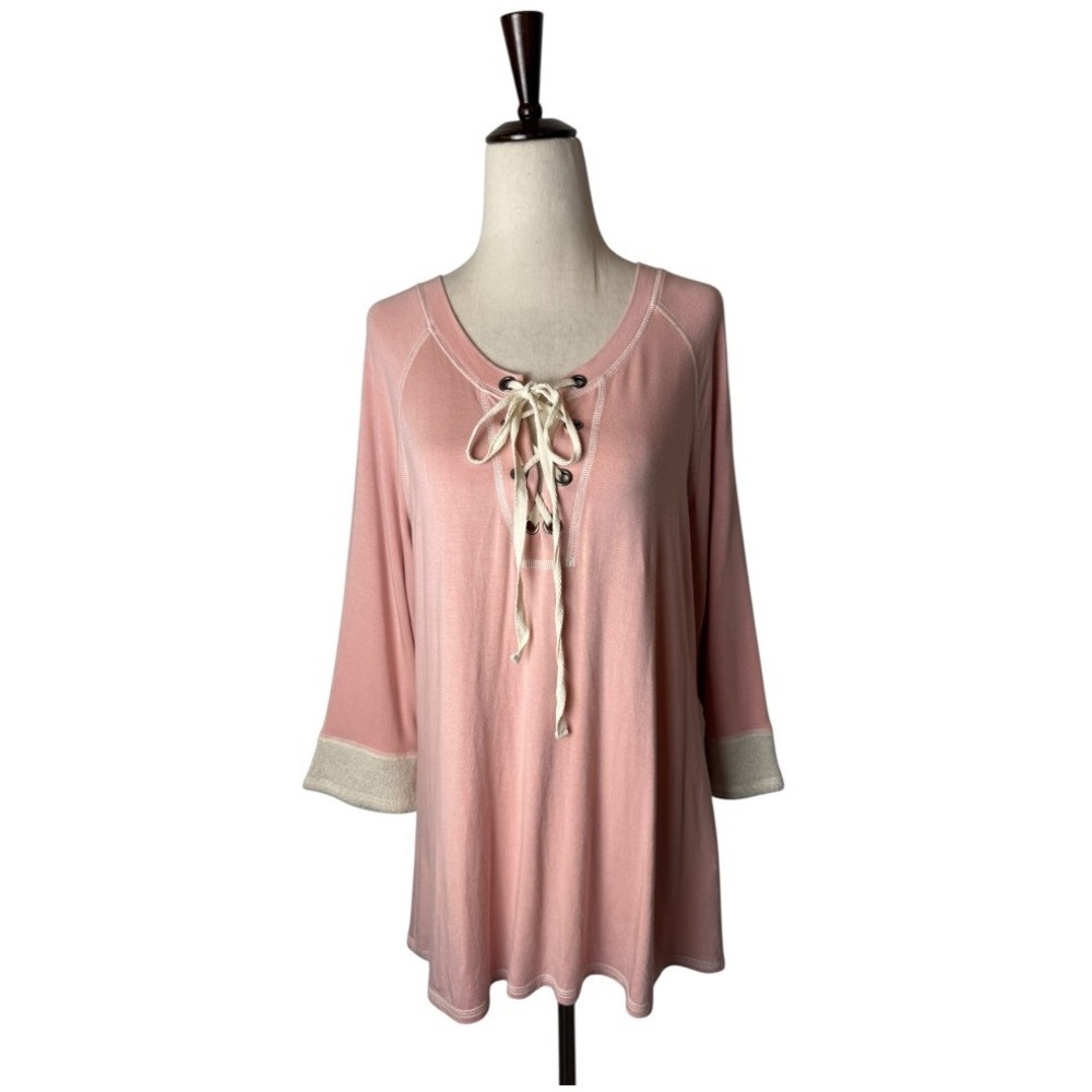 JUDE Shirt Women Large Pink Lace Up Knit‎ Lightweight Pullover Athleisure USA